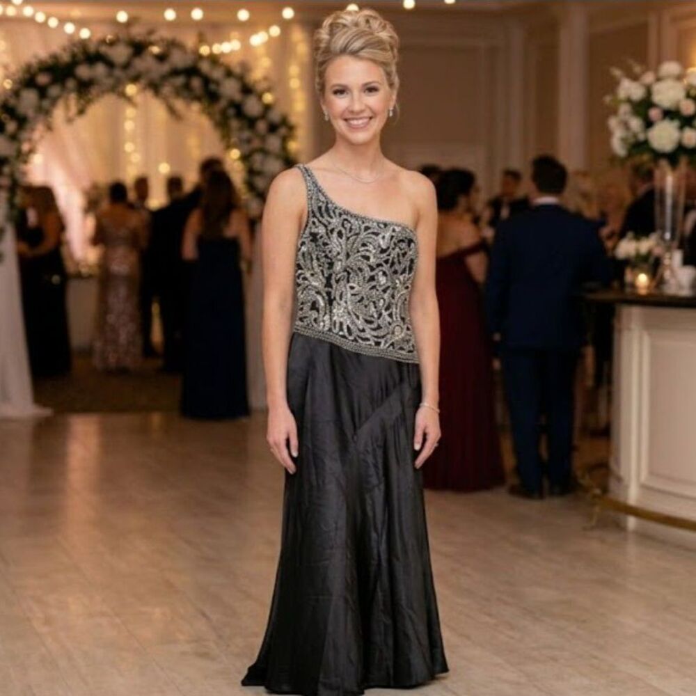 Tiffany Designs Black & Silver Jeweled Bodice Satin Mermaid Formal Dress 10
